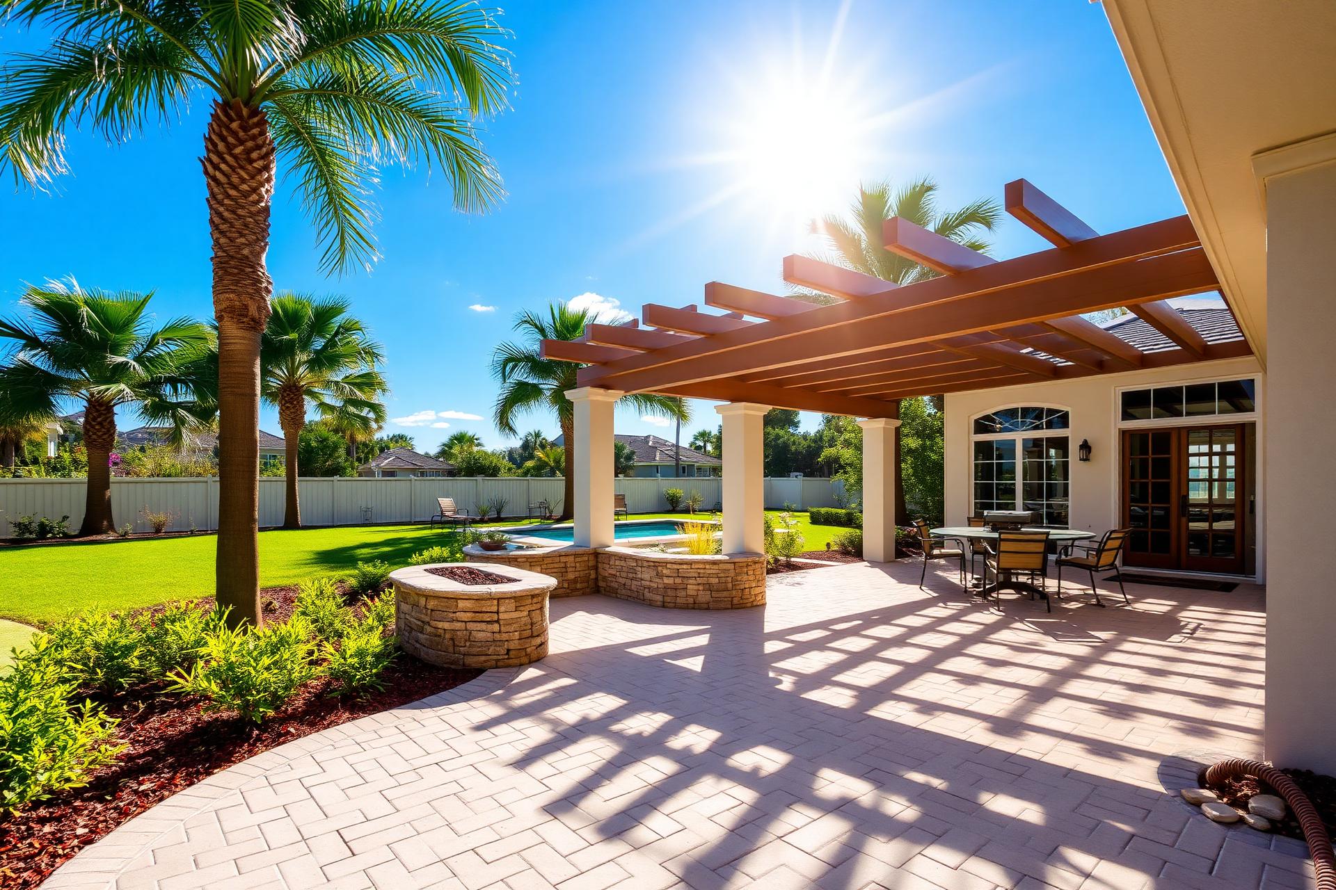 Sunny luxury paver patio with pergola and fire feature